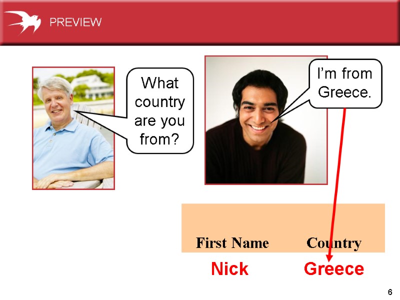6 Greece What country are you from? I’m from Greece. Nick PREVIEW